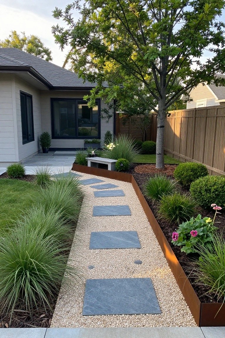 A garden path of irregularly spaced dark slate stepping stones set in light gravel, bordered by ornamental grasses, shrubs, and corten steel edging, leading toward a modern house exterior with a tree and fence in the background.