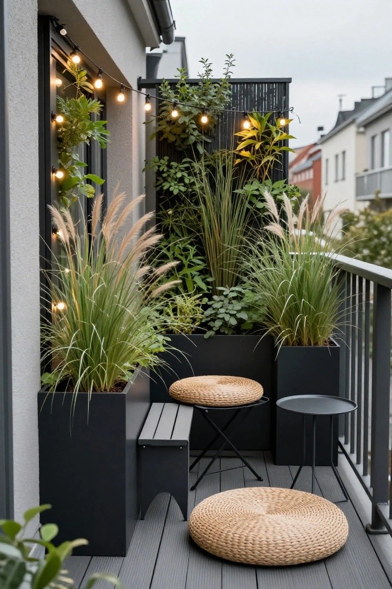A compact urban balcony featuring tall pampas grasses in black square planters along the edges, string lights overhead, a wooden bench with storage, a small metal table, woven poufs, and gray composite decking with metal railing.