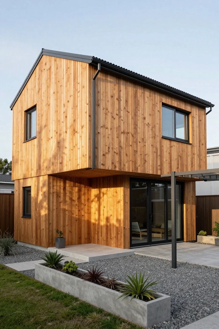 Two-story prefab house with vertical golden-brown timber cladding, black corrugated metal roof, black-framed windows, and an adjacent concrete patio with raised planters, agave plants, and gravel surfacing.