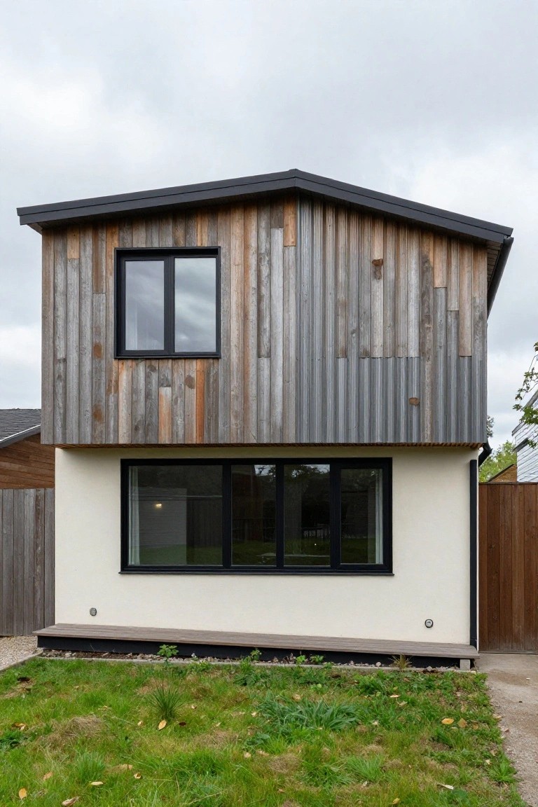 Two-story prefab house exterior featuring vertical weathered wood cladding on the upper facade, white rendered lower wall with large black-framed windows, dark gray roof, and a front yard with grass, gravel, and wooden fencing.