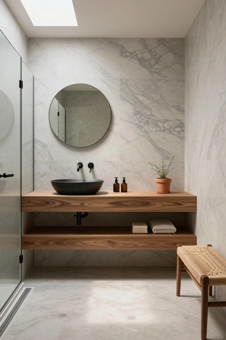 Modern bathroom with white marble tile walls and floor, floating wooden vanity holding black vessel sink and black faucets, round black-framed mirror above, glass shower enclosure, woven wood stool, small plant, and skylight overhead.