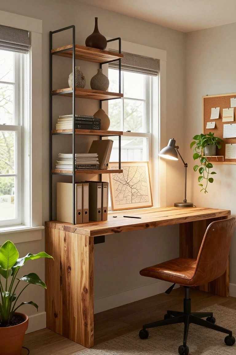 Home office corner with wooden desk, brown leather chair on wheels, tall black metal and wood shelving unit holding books, vases, files and folders next to two large windows, desk lamp, plants, and corkboard.