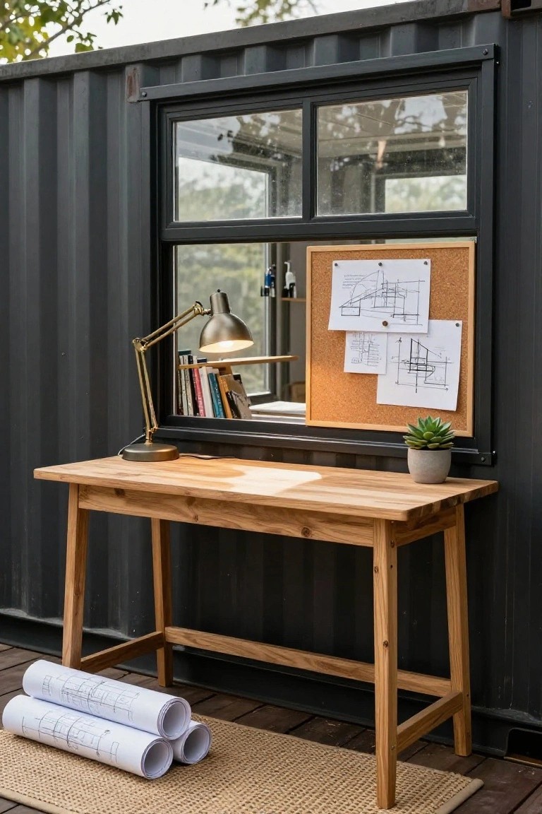 Wooden desk on a deck beside a shipping container wall with a large window showing interior office elements including a corkboard with drawings, lamp on desk, rolled blueprints on floor, and succulent plant.