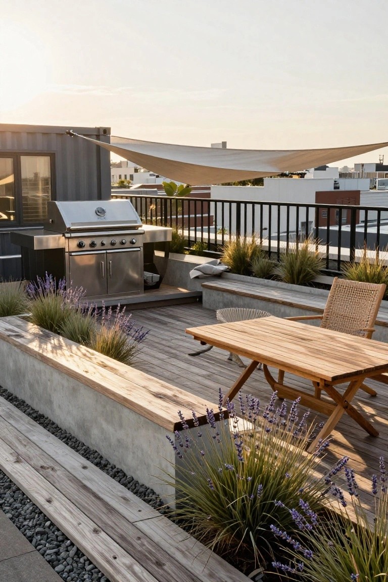 Rooftop terrace on a shipping container structure featuring a stainless steel grill, wooden dining table with rattan chair, concrete raised planters with lavender and grasses, wood decking, gravel path, and white shade sail overhead.