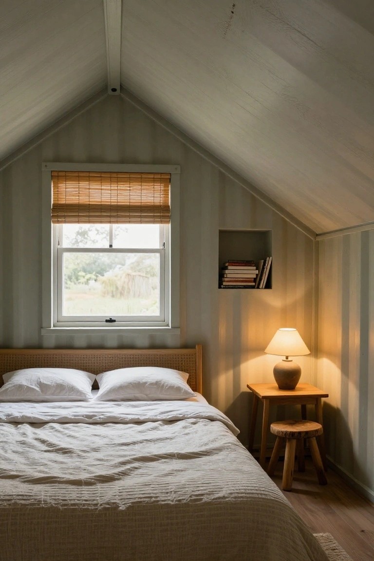 Cozy attic bedroom with sloped ceiling, bed, window, lamp, and books.