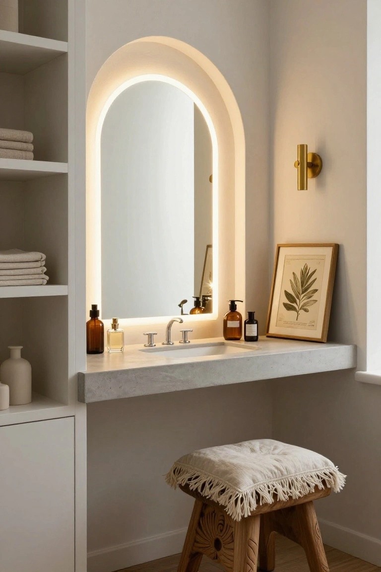 A bathroom vanity corner with an arched backlit mirror in a wall niche, white marble floating countertop and sink, open shelves holding folded towels and glass bottles, a gold wall sconce, framed botanical art, and a carved wood stool with white cushion.