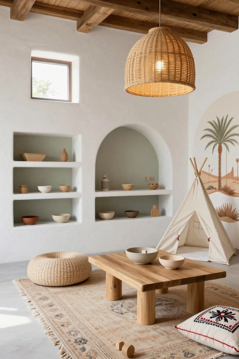 White interior room with exposed wood beams, woven pendant light, arched wall niches displaying pottery and wooden objects, low wooden coffee table with bowls, rattan pouf, colorful rug, embroidered pillow, wooden toys, and small white teepee near a painted desert mural.
