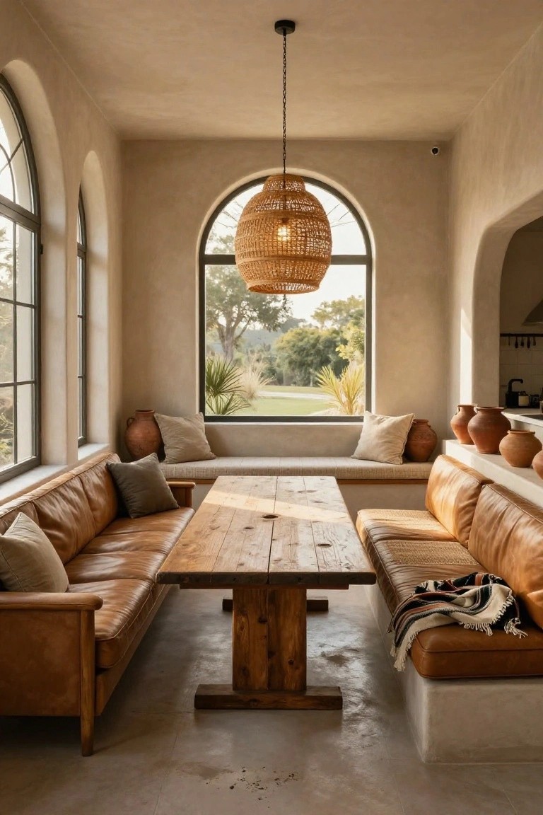 Interior view of a hacienda-style dining nook with tan leather built-in banquettes around a rectangular wooden table, large arched windows showing trees and grass outside, rattan pendant light overhead, and terracotta pots on shelves.