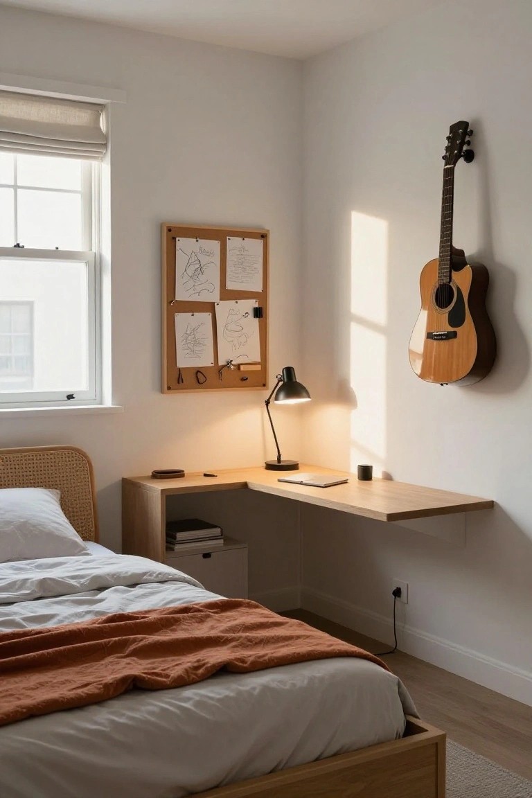 A bright bedroom corner with floating wooden desk, black desk lamp, corkboard on wall with sketches and notes, acoustic guitar mounted on white wall, rattan headboard bed with white linens and rust throw, window with linen shade, and oak wood floors.