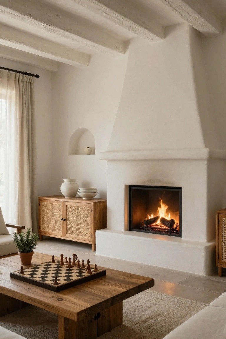 White stucco living room interior with built-in fireplace containing burning logs, exposed wooden ceiling beams, dark wood coffee table with chessboard and pieces, rattan-fronted wooden cabinet holding white ceramics and bowls, potted plant, and beige armchair and sofa.