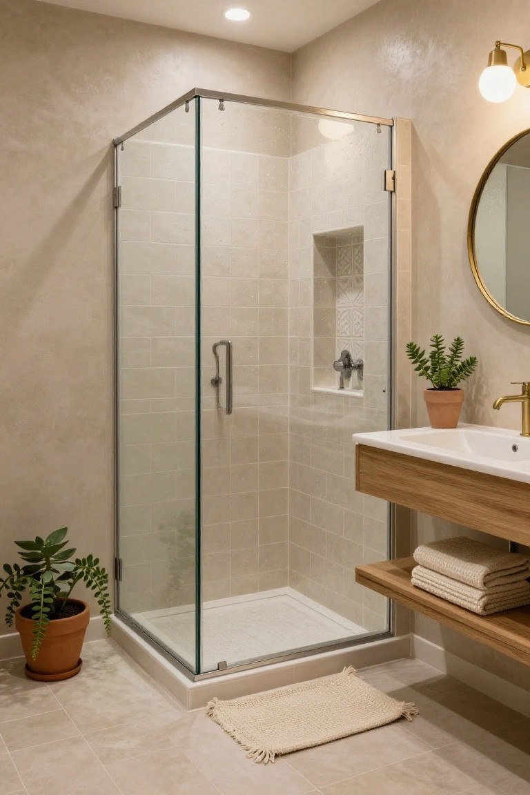 Modern bathroom with a corner frameless glass shower enclosure featuring beige subway tiles, a niche shelf, floating oak wood vanity with shelf holding folded towels, gold faucet, round gold mirror, potted succulents, and light beige tiled floor.
