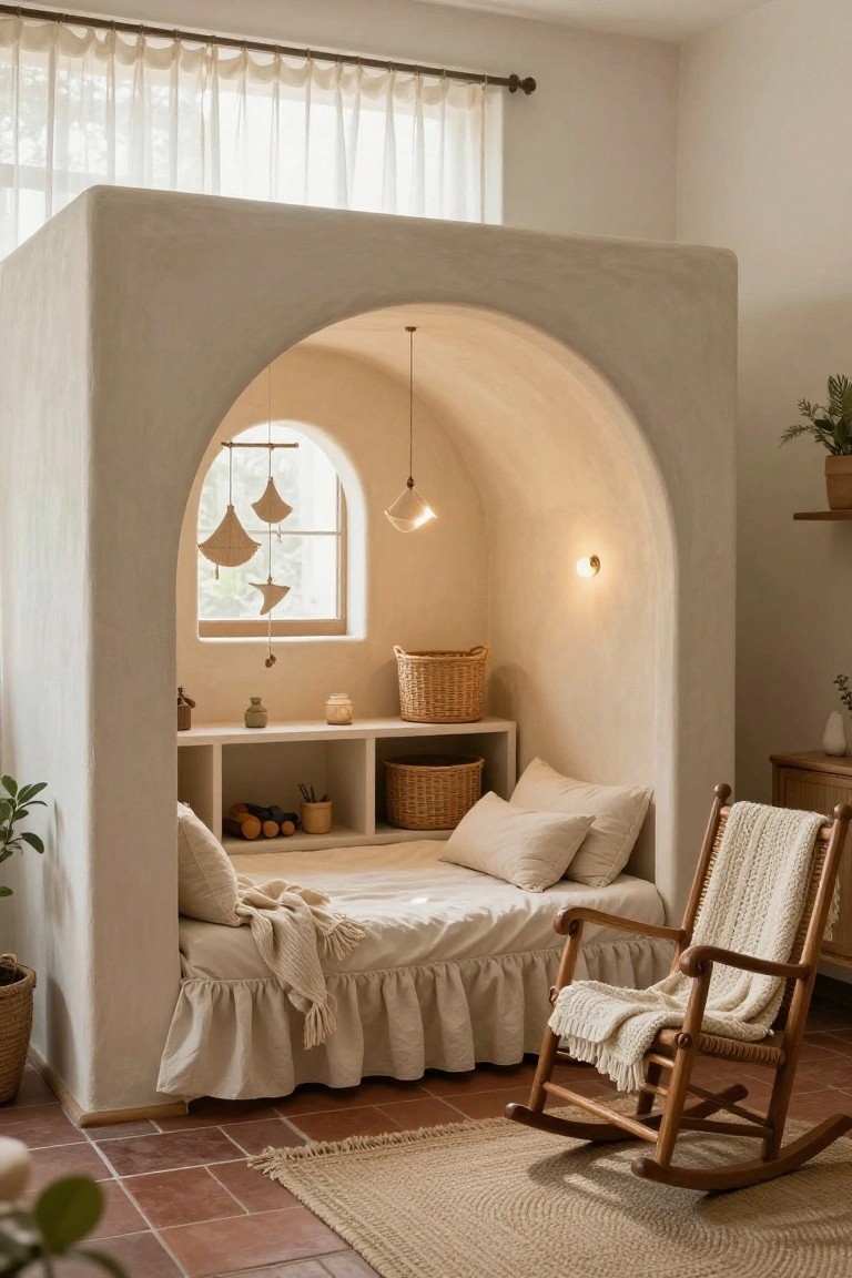 White plaster arched alcove built into a bedroom wall containing a low bed with beige linens and pillows, built-in shelves holding baskets and pottery, small round window with hanging fiber mobiles, warm pendant lights, wooden rocking chair on terracotta floor.