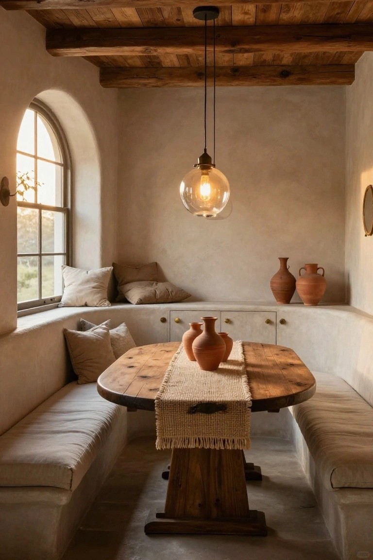 Hacienda-style interior dining nook with built-in beige banquettes around an oval wooden table, terracotta pottery on shelves and table, arched window, pendant light, and whitewashed walls under wooden beams.