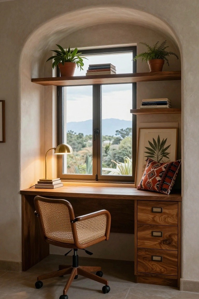 Wooden desk with rattan chair in arched window recess, shelves holding plants and books above, gold lamp on desk, mountain and tree view through window, neutral walls and floor.
