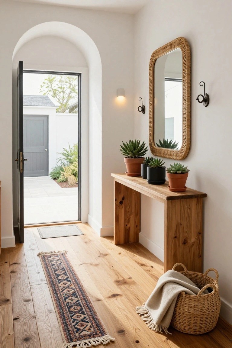 Open interior entryway with arched doorway to outdoor courtyard, wooden console table topped with potted succulents, large oval rattan mirror on white wall, woven basket with throw blanket on wood floor with patterned runner rug.