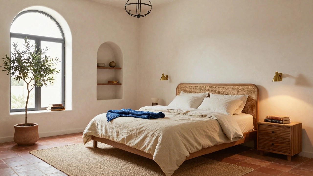 Bedroom with rattan headboard bed dressed in beige linens, wooden nightstands, arched window showing olive tree, niche shelf, wall sconces, seagrass rug, and terracotta tile floor.