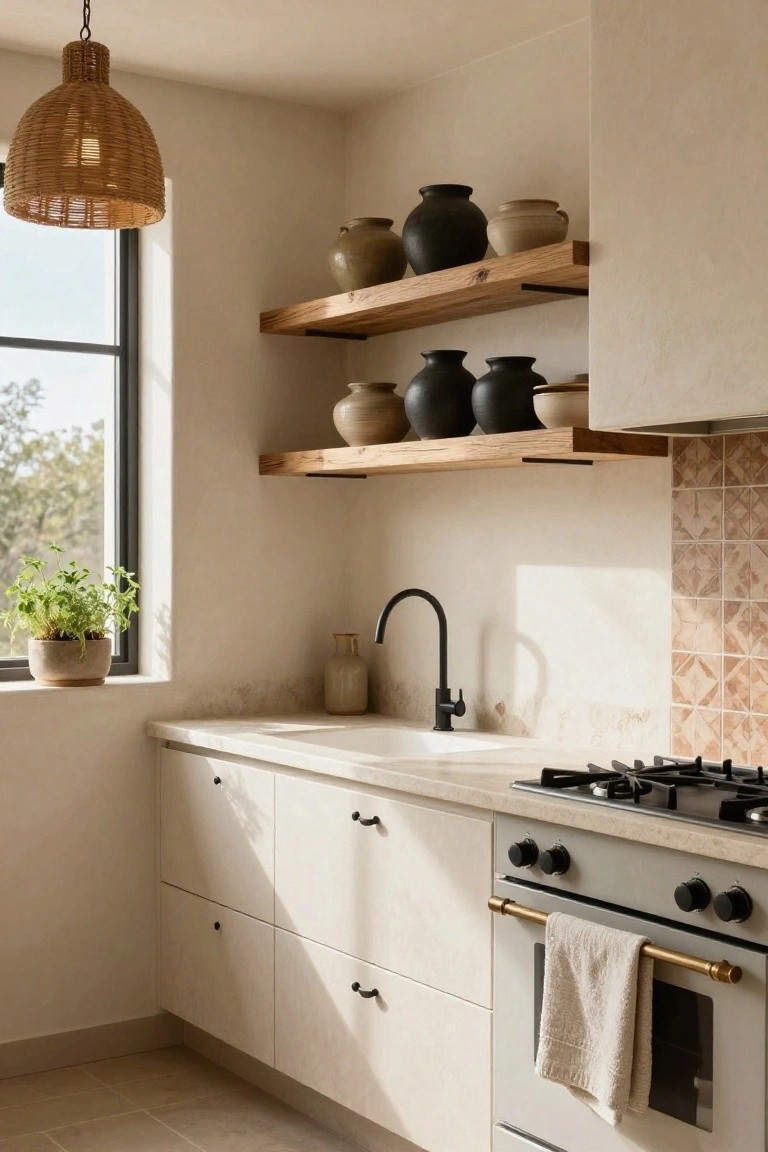 Modern kitchen interior with open oak shelves displaying assorted black and beige ceramic pots and jars, white cabinets, black faucet sink, terracotta tile backsplash, and gray stove.
