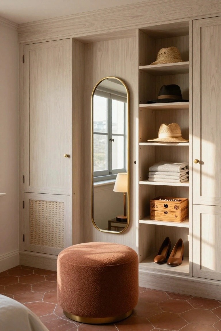 Light wood wardrobe with open shelves holding straw and felt hats, folded white towels, wooden storage box, and brown high-heeled shoes, beside a slim gold-framed full-length mirror and rust ottoman on terracotta tile floor.