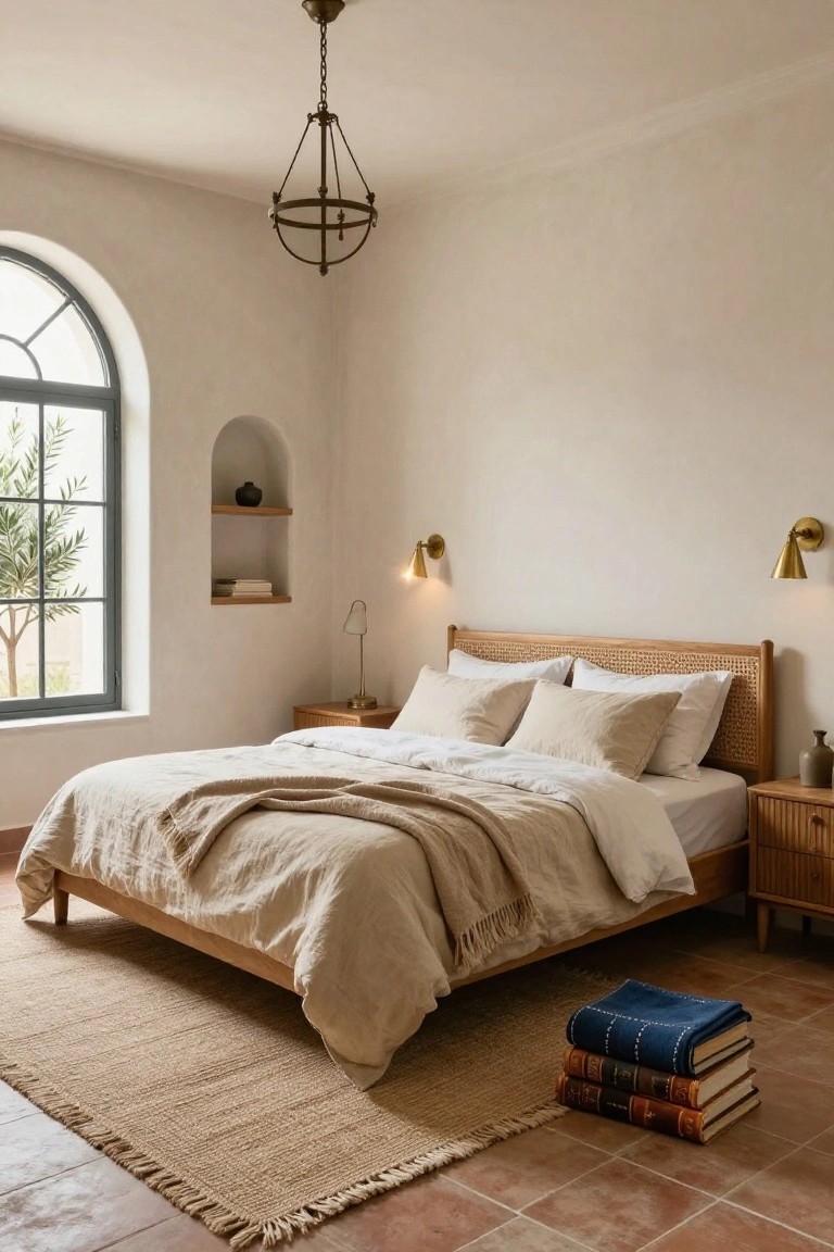 Bedroom with rattan headboard bed dressed in beige linens, wooden nightstands, arched window showing olive tree, niche shelf, wall sconces, seagrass rug, and terracotta tile floor.