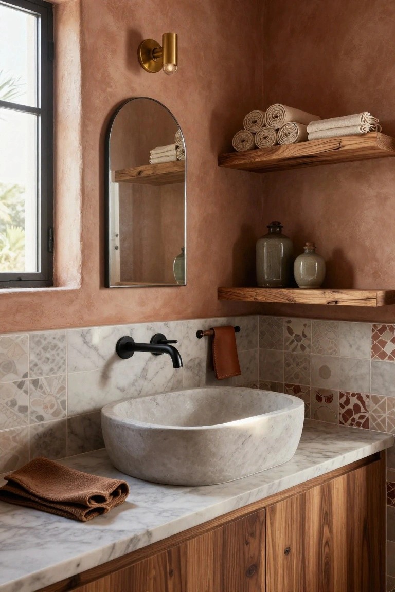 Bathroom corner with terracotta textured walls, arched black mirror above wood floating shelves holding rolled towels and glass vases, patterned white and terracotta tiles behind white marble vessel sink on marble countertop and wood vanity cabinet.