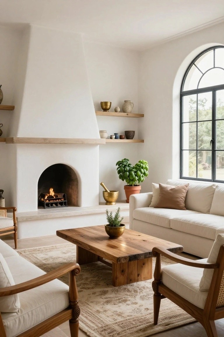 A living room with a white stucco arched fireplace featuring a wood mantel and shelves with pottery, a beige sofa, wooden coffee table and chairs, potted plants, and a large arched black-framed window.