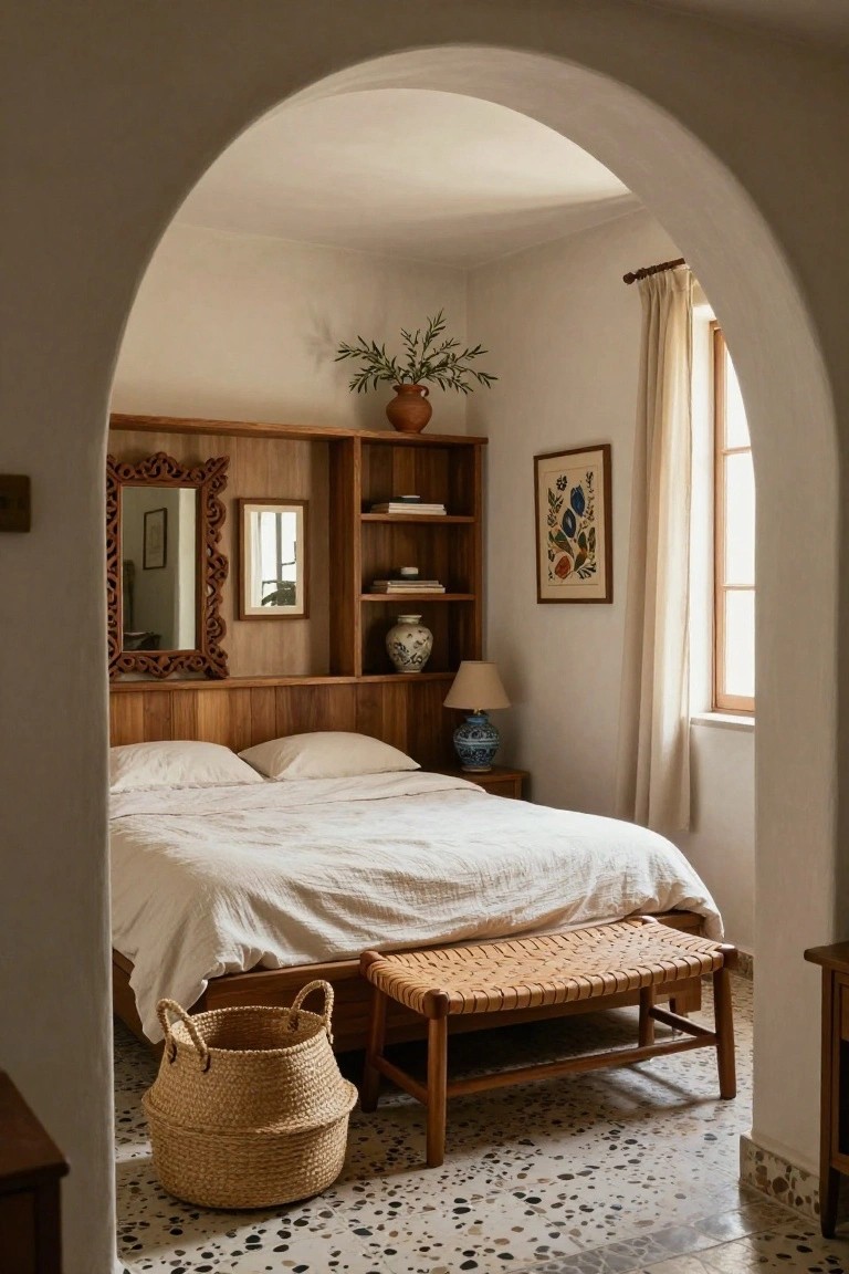 Arched doorway view into a bedroom with a wood-paneled headboard wall featuring built-in shelves, mirrors, white bed, rattan bench, woven basket, and terracotta tile floor with pebble accents.
