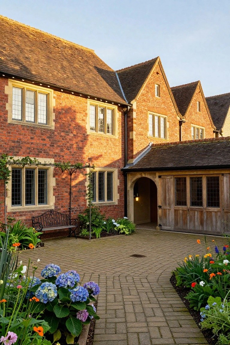 Red brick Tudor-style house with gabled roofs, leaded windows, and an arched wooden entry surrounds a paved courtyard containing a wrought-iron bench amid colorful flower beds with hydrangeas, tulips, and other plants.