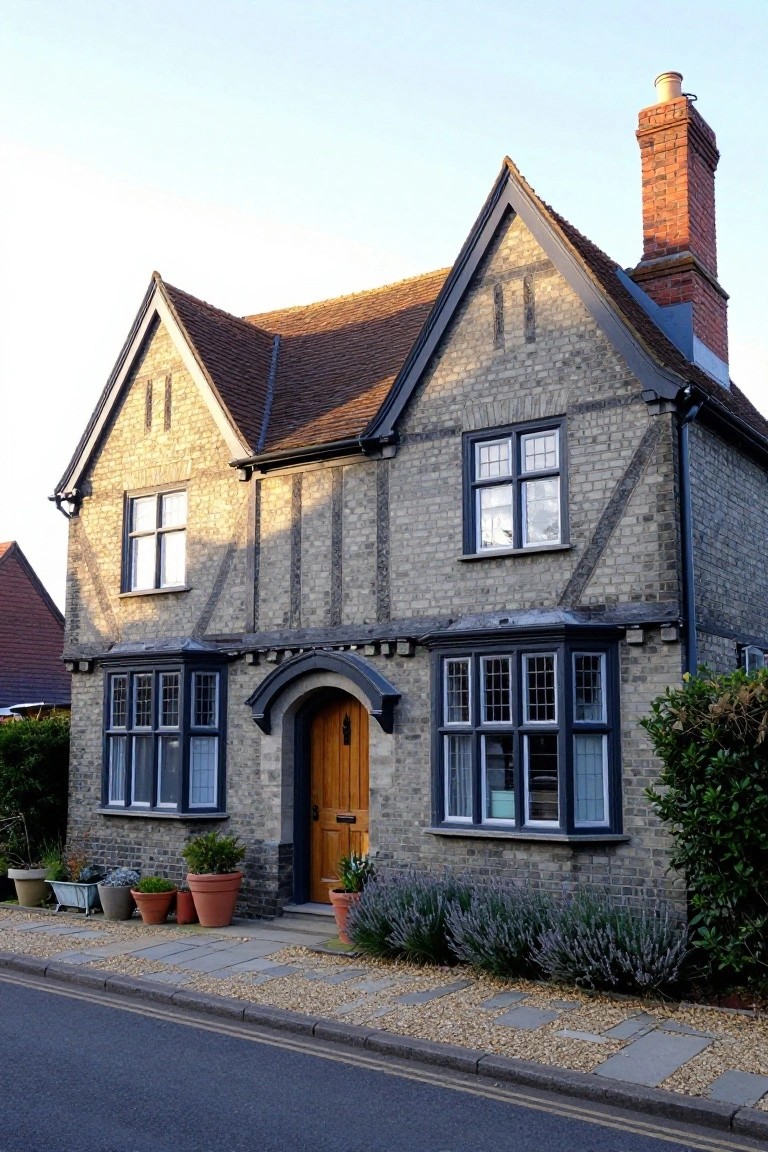 Two-story Tudor-style house with light gray brick, dark timber framing, black window frames and door surround, orange front door, chimney, and front landscaping along a paved street.