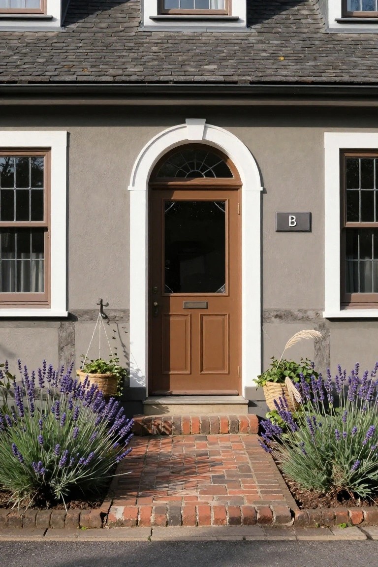 Gray stucco house with white trim and dark wood arched entry door, flanked by lavender plants and pots along brick steps leading to the front door.