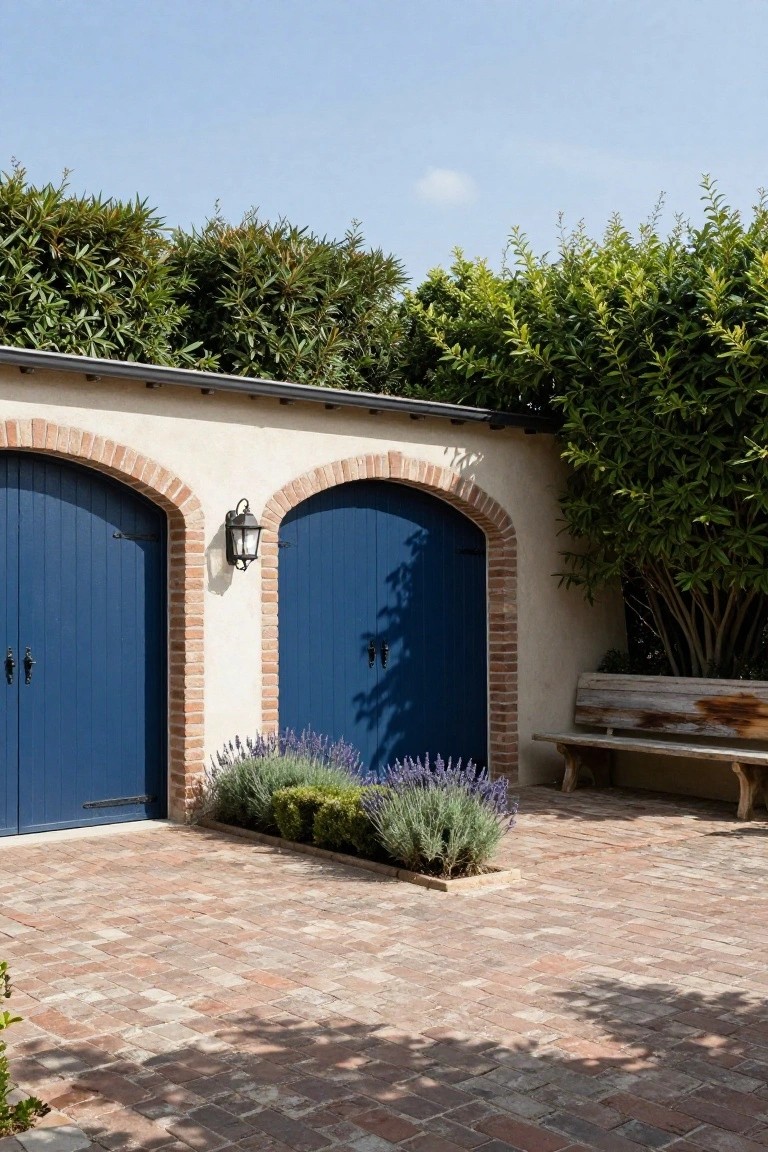 Stucco garage wall with two navy blue wooden doors under brick arches, a wall lantern between them, potted lavender and boxwood plants in front, a weathered wooden bench to the side, green hedges above, and brick paver patio under blue sky.