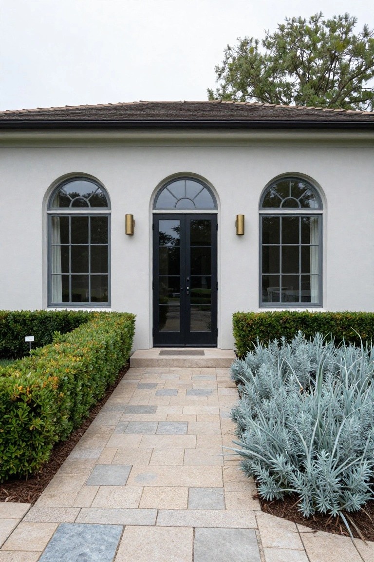 White stucco house exterior with centered black double doors between two tall arched windows with gray frames, wall-mounted lights, boxwood hedges, and a gray stone paver pathway leading to the entry.
