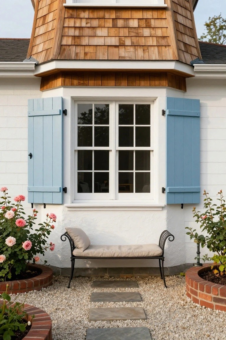 White stucco house exterior featuring a cedar shingle turret roof over a multi-pane window with open blue wooden shutters, a cushioned bench on a black metal frame below the window, pink rose bushes in brick planters, stone path, and gravel ground cover.