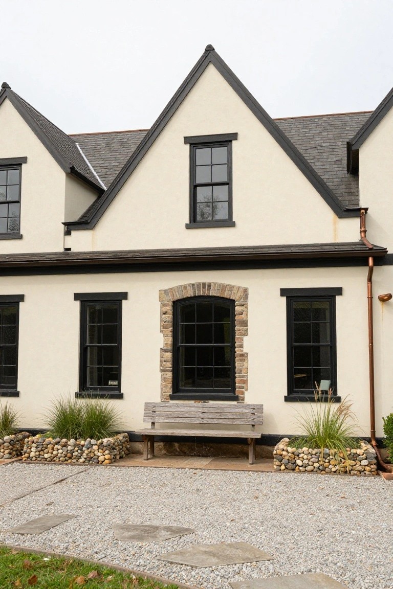 Cream stucco house exterior with gabled slate roof, black-framed windows, central brick-arched black door, wooden bench below, ornamental grasses in rock-edged planters, copper downspout, and gravel path with stone steps.