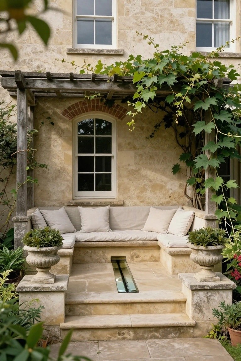 Beige stone house wall with windows, vine-covered wooden pergola over cushioned bench seating on raised stone platform with steps, flanked by large urns with plants.