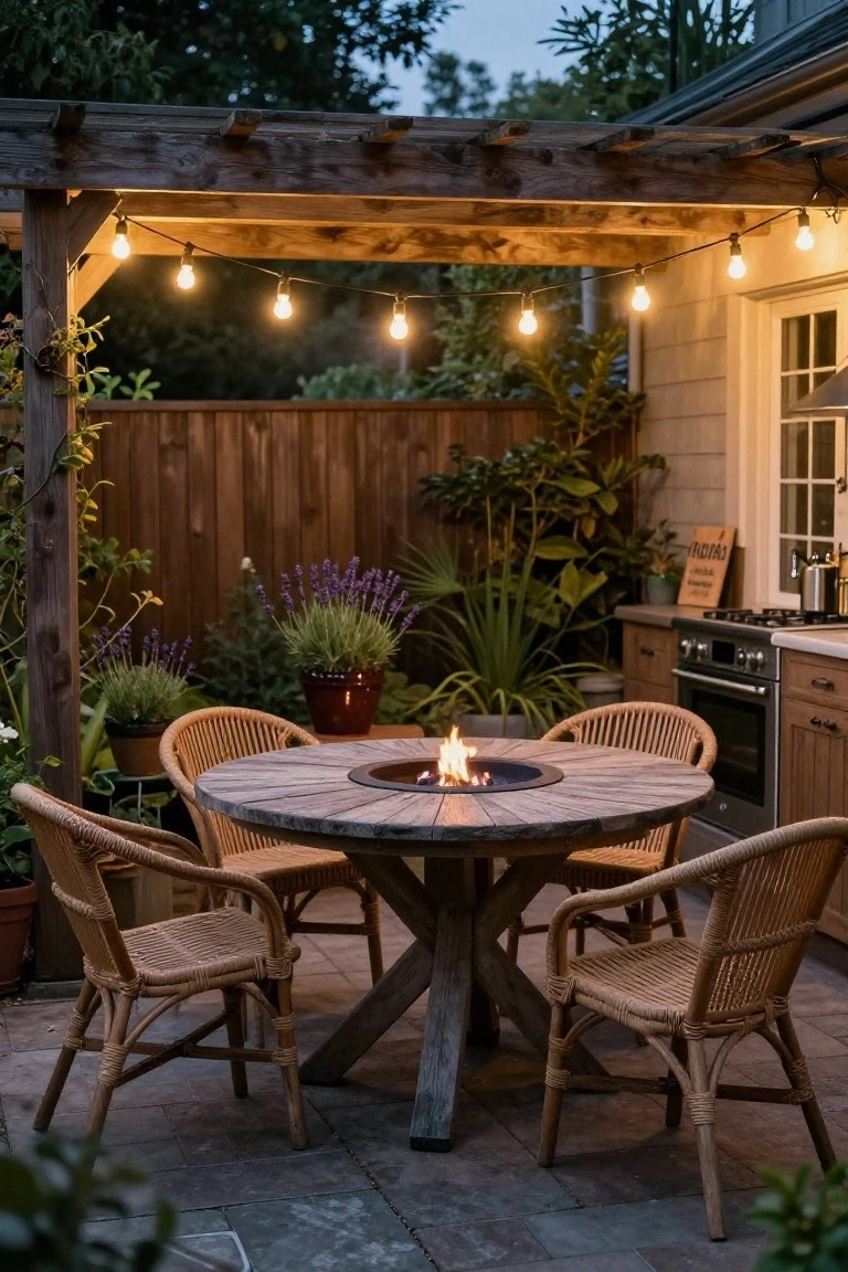Wooden pergola-covered outdoor patio at dusk with string lights, round reclaimed wood table containing central gas fire pit, four rattan armchairs, potted plants, wooden fence, and adjacent house exterior with kitchen visible through windows.