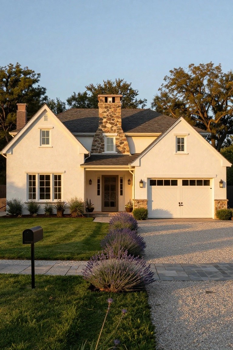 White stucco ranch-style house exterior with tall central stone chimney, gabled roof, attached garage with stone pillars, front entry porch, lavender plants along driveway, lawn, mailbox, and surrounding trees in late afternoon light.