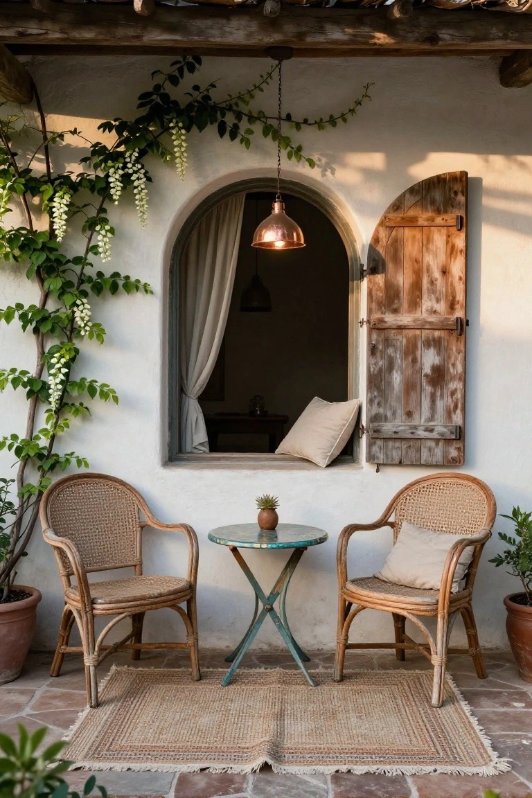 White stucco wall with arched window featuring wooden shutters, hanging copper lantern, and climbing vines, flanked by two wicker armchairs, small turquoise table with plant, potted plants, and woven rug on terracotta tile patio.