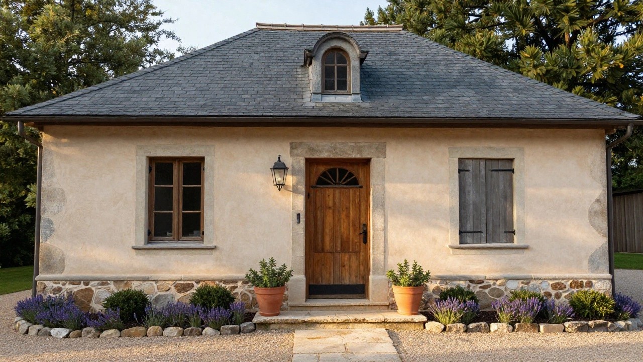 Beige stucco ranch house exterior with slate roof, dormer window, covered porch supported by stucco columns, arched wooden front door, wall lantern, stone base and steps, flanked by terracotta pots of lavender plants.