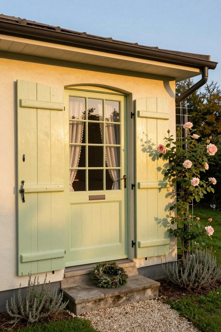 Pale green painted wooden shutters opened on a cream stucco house wall beside a matching arched green front door with brass knocker and holiday wreath, pink climbing roses on metal trellis, lavender plants at base, stone step to gravel path.