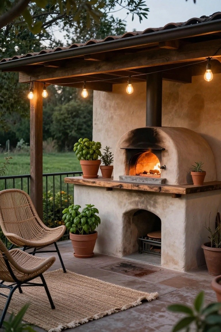 Rustic adobe wood-fired pizza oven with glowing fire on a stone countertop, surrounded by potted herbs, wicker chairs, string lights under a wooden pergola, and garden view.