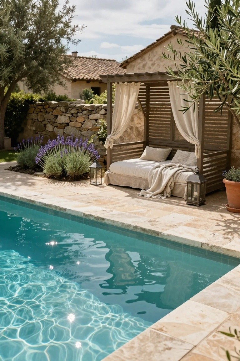 Wooden pergola with slatted sides and sheer beige curtains sheltering a wide daybed with white bedding and throw blanket next to a turquoise pool edged in beige stone tiles, with lavender plants, lanterns, and stone walls nearby.