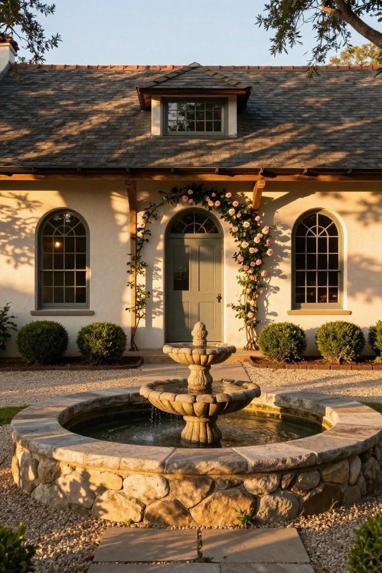 Cream stucco ranch house exterior with slate roof, wooden porch beams supporting pink climbing roses around a central arched green door, flanked by arched windows, stone fountain in circular gravel basin, boxwood shrubs, gravel paths.