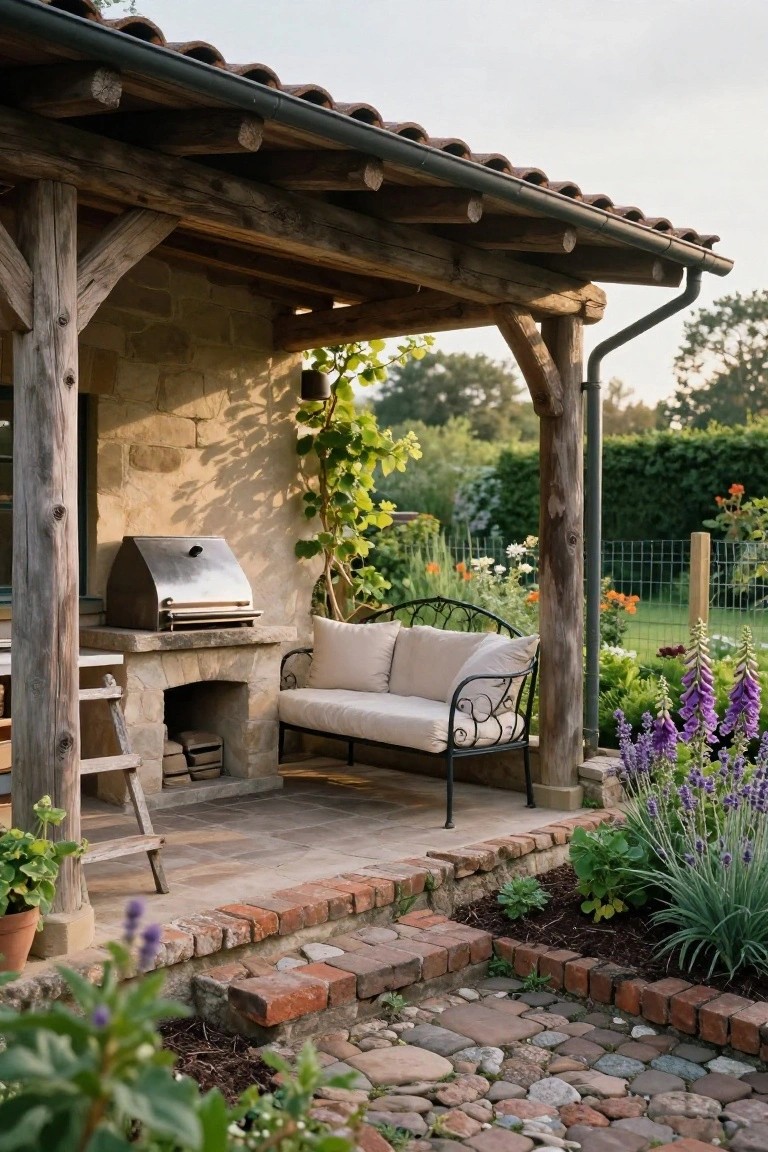 Covered wooden pergola over a stone patio with built-in stainless steel grill on pedestal base, firewood storage below, wrought iron bench with cushions, surrounded by lavender plants, brick steps, and cobblestone path.