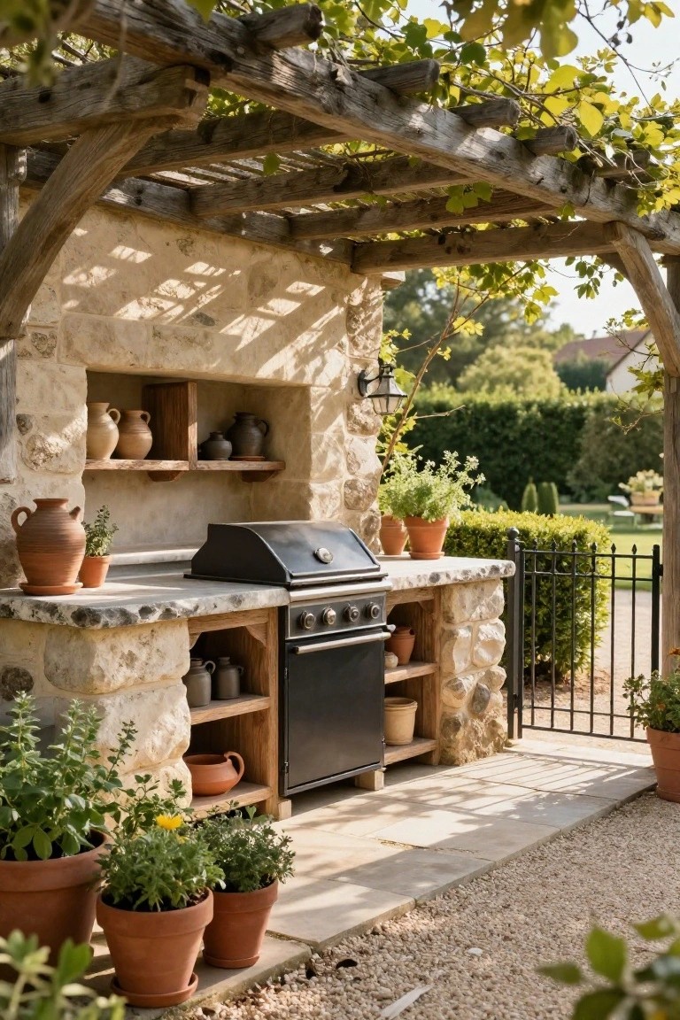 Outdoor kitchen with black gas grill on stone countertop and cabinets, under wooden pergola covered in green vines, surrounded by terracotta pots with herbs and plants.