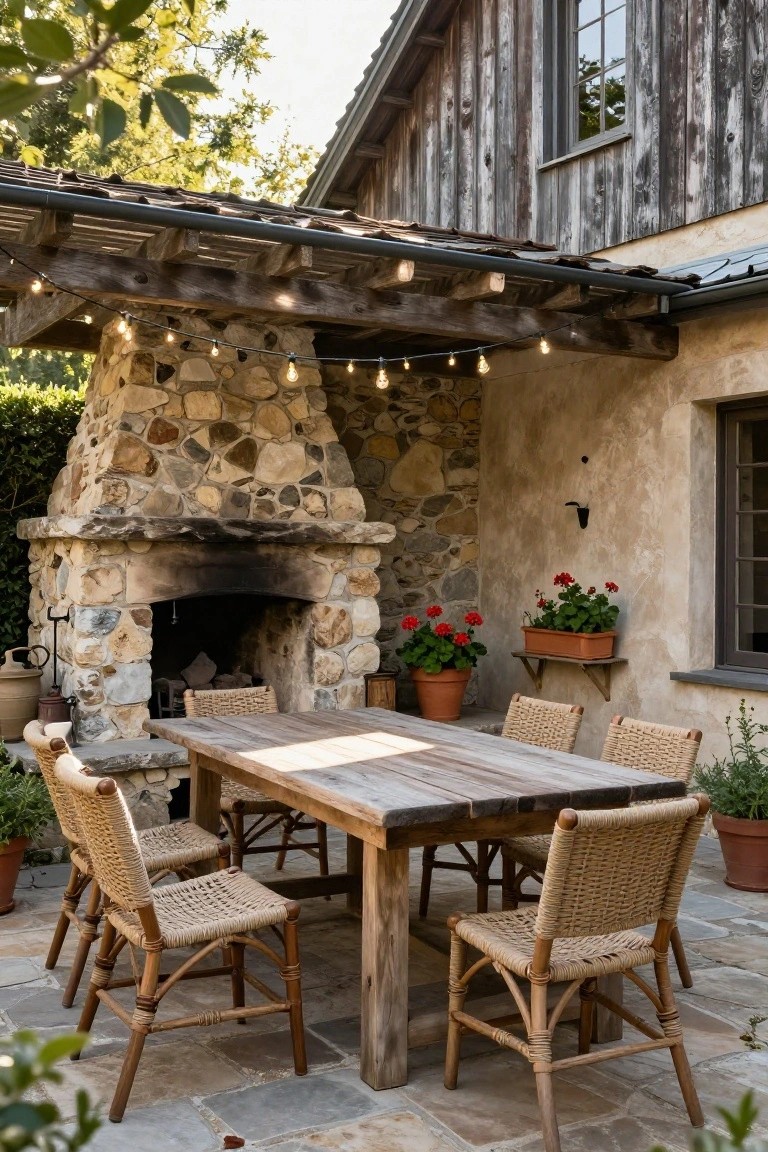Outdoor patio featuring a large rustic stone fireplace built into a stucco wall, wooden dining table with rattan chairs, wooden pergola overhead with string lights, potted plants, and adjacent house structure.