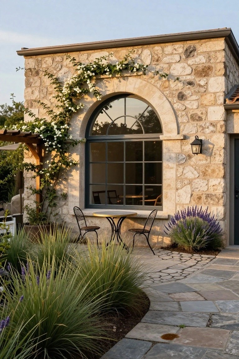 Stone exterior wall of a house with an arched window covered in white climbing roses, a small round metal table and two chairs on a flagstone path, lavender and ornamental grasses nearby.