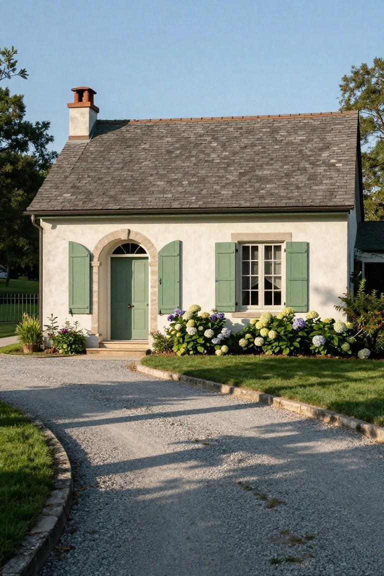Small single-story stucco house with sage green shutters on windows and door, arched stone entryway, slate roof, chimney, hydrangea bushes along front, gravel driveway, and grass edging.