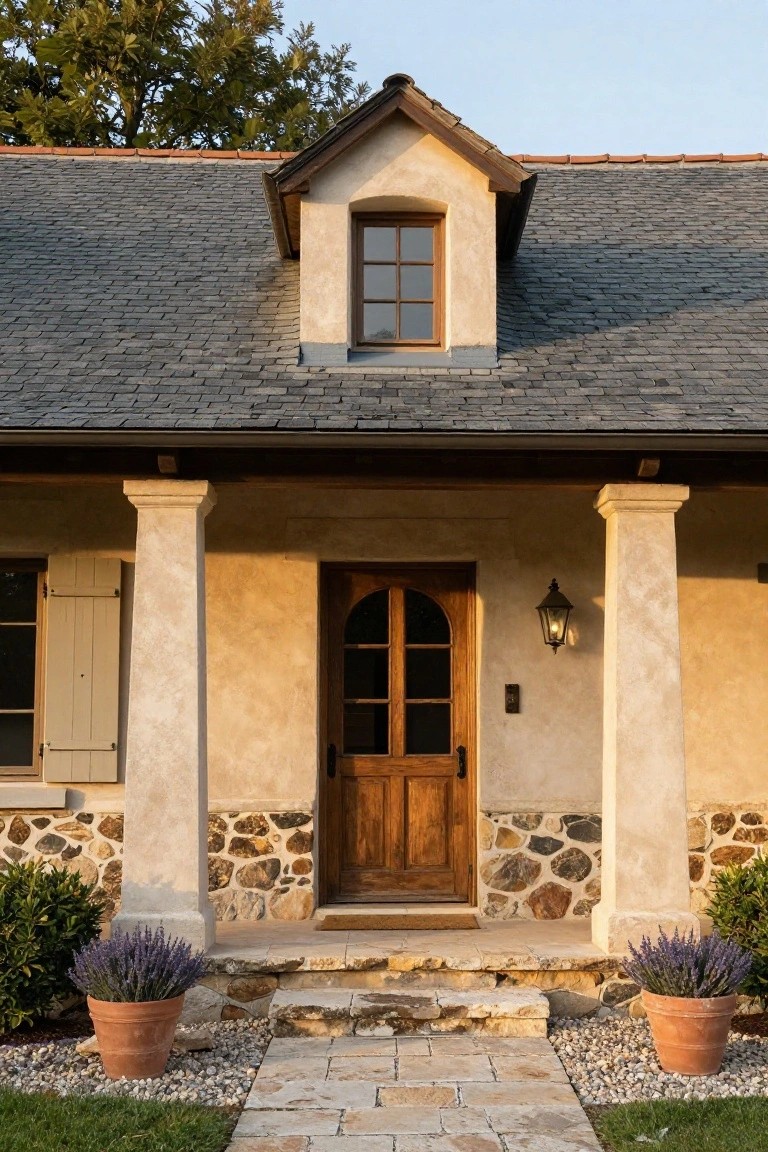 Beige stucco ranch house exterior with slate roof, dormer window, covered porch supported by stucco columns, arched wooden front door, wall lantern, stone base and steps, flanked by terracotta pots of lavender plants.