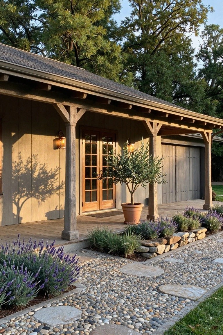 Gray board-and-batten ranch house exterior with covered porch supported by exposed wooden beams and posts, French doors, olive tree in terracotta pot, lavender plantings, stone wall edging, gravel path with stepping stones, and attached garage door.