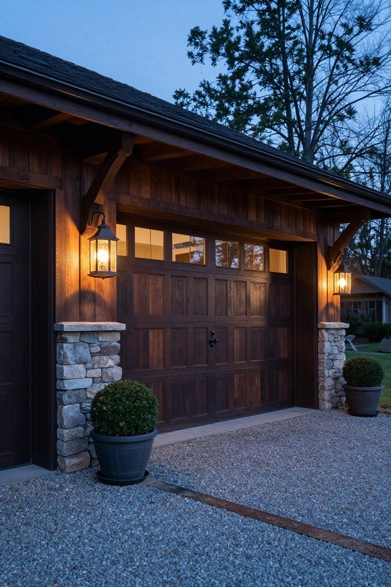 Dusk photo of a wooden garage with paneled doors, flanked by stone pillars with lanterns, wooden beams overhead, potted boxwood shrubs, and gravel driveway.